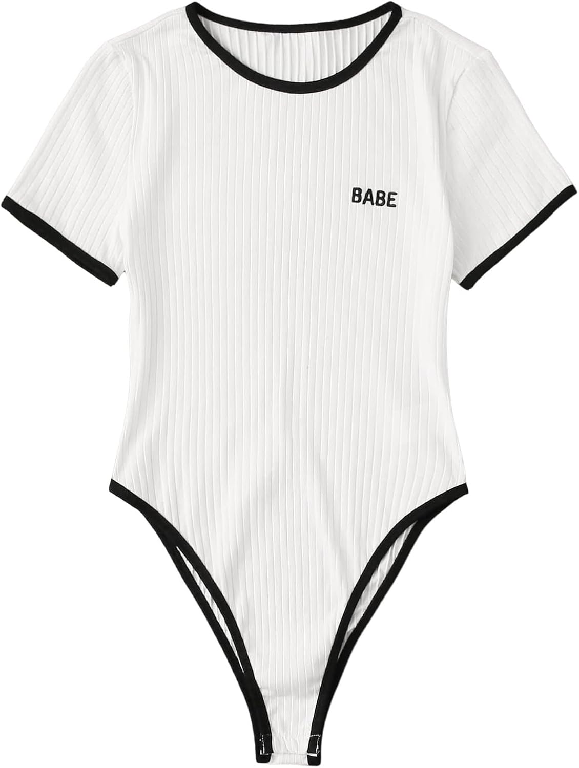 SOLY HUX Bodysuits for Women Short Sleeve Contrast Binding Letter Embroidery Bodysuit T Shirt Tops