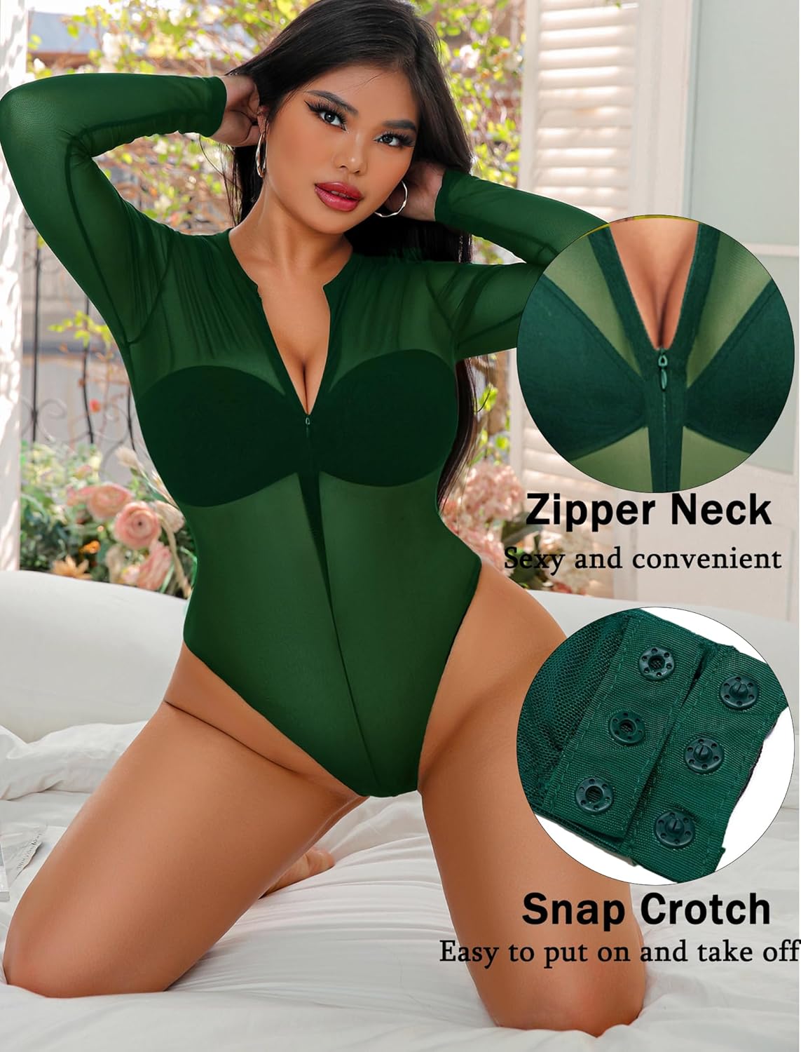 Avidlove Womens Mesh Bodysuit Long Sleeve Snap Crotch Bodysuit See Through Zipper Sheer Leotards Sexy Bodysuit Tops