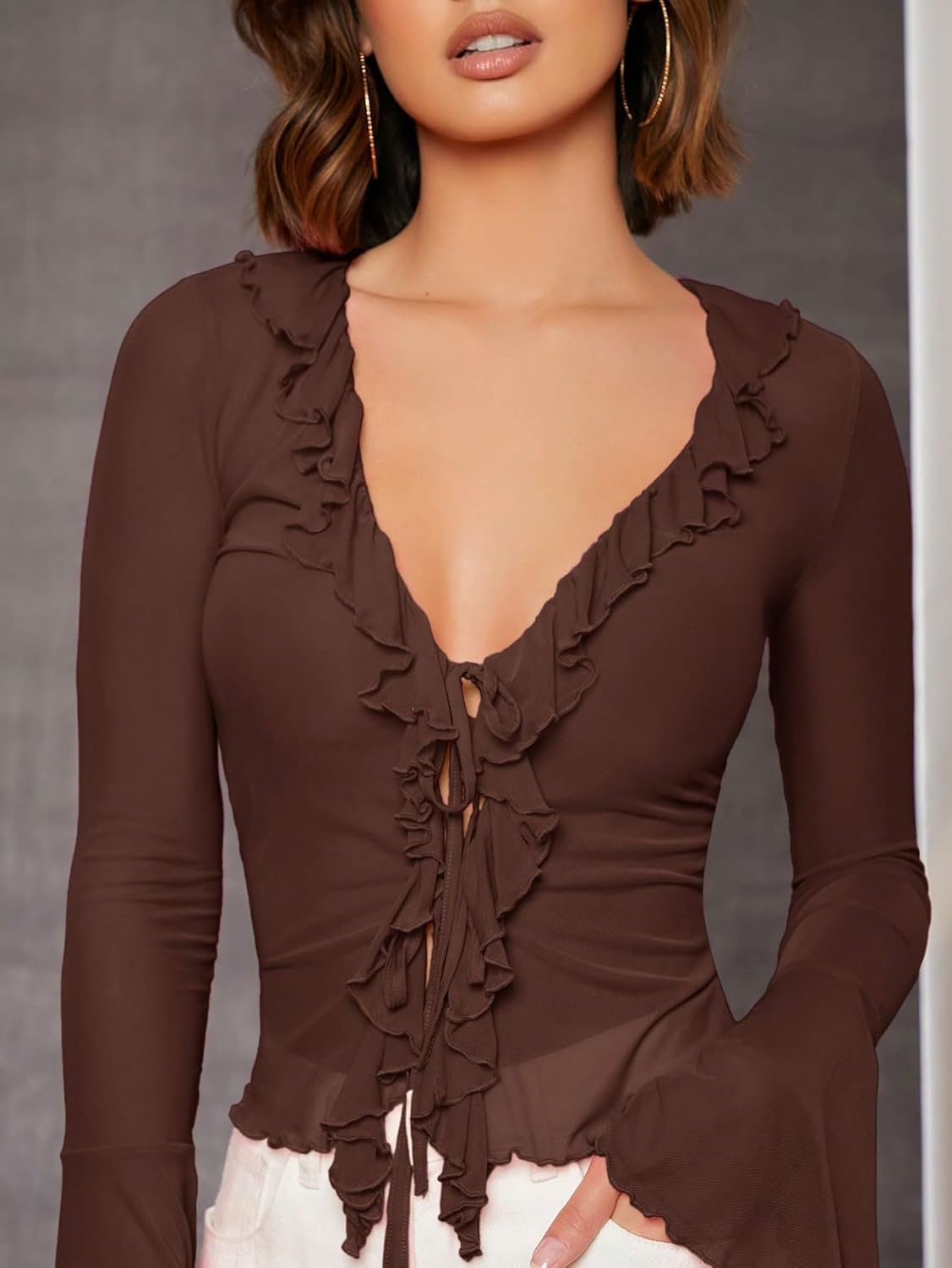 GORGLITTER Women's Sheer Mesh Tops Long Bell Sleeve Tie Front Vintage Ruffle Blouse Shirt