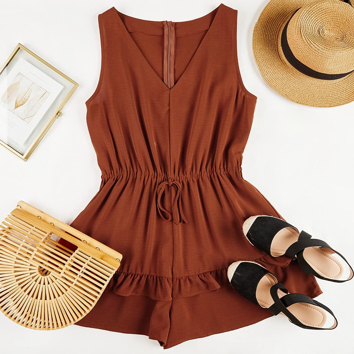 Valphsio Womens V Neck Beach Tank Rompers Flowy Ruffle Layered Shorts Jumpsuit High Waist
