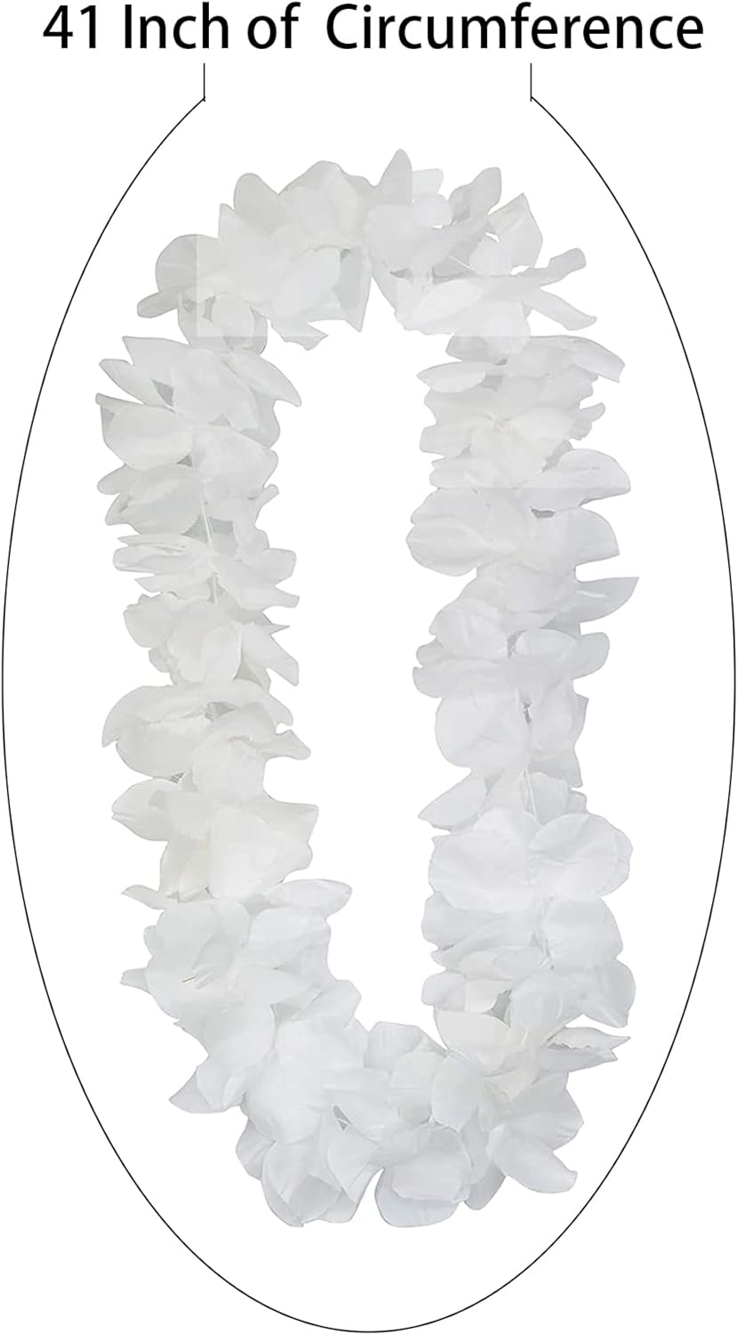 4 Pcs White Hawaiian Leis with Green Leaves for Graduation Party, Dance Party, Photo Prop in Outdoors (White-02)