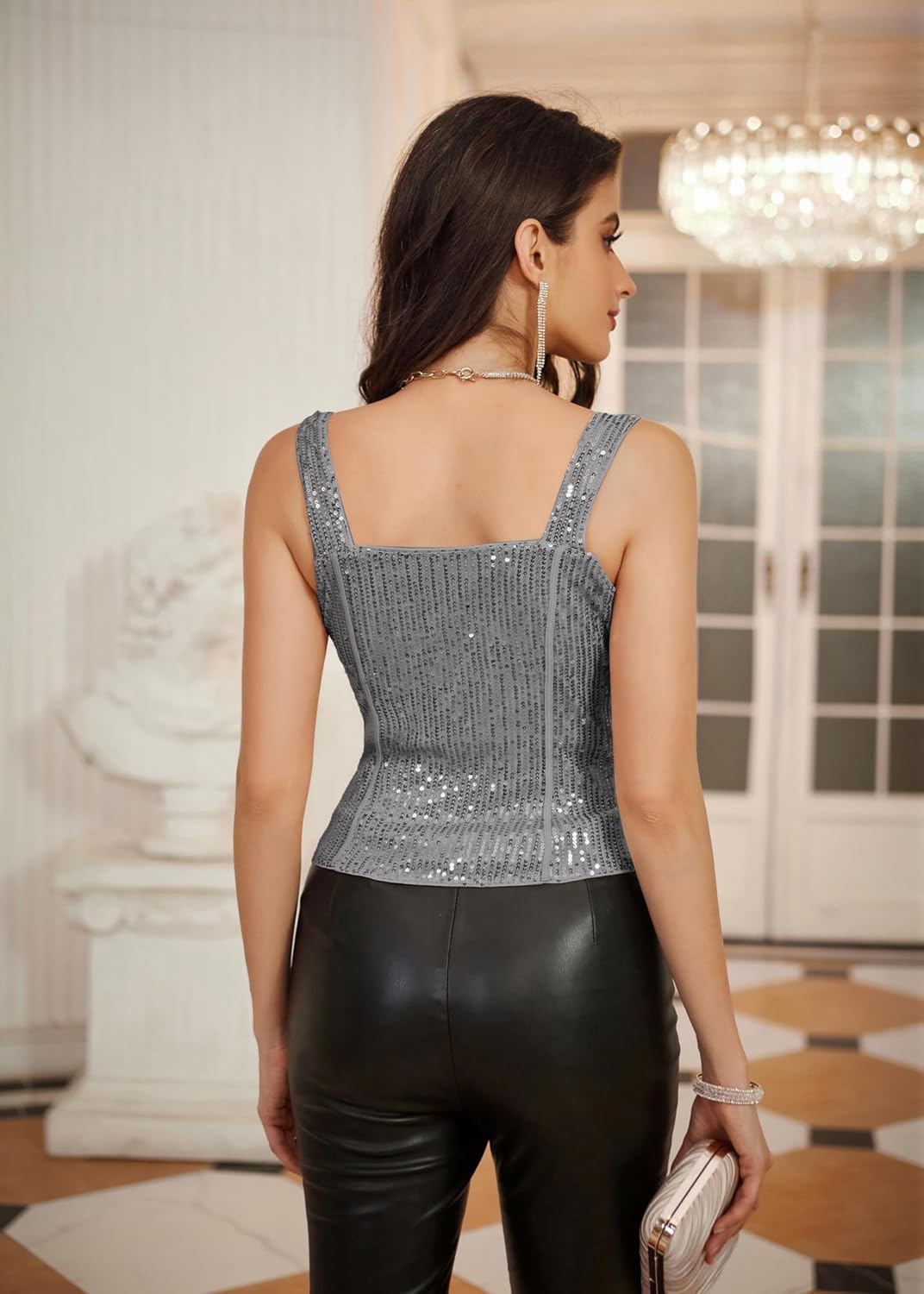 GRACE KARIN Sequin Tank Tops for Women Bustier Corset Top Sparkle Sexy Slim Camisole Sleeveless Party