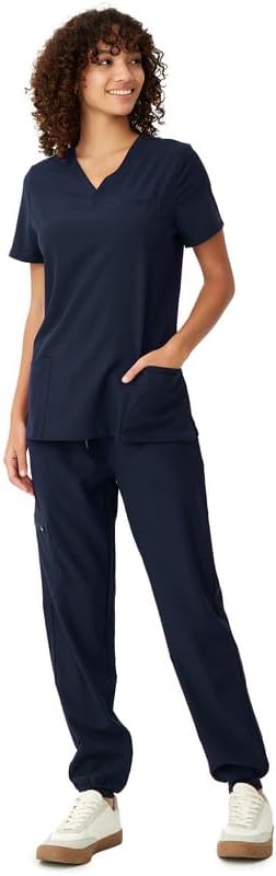 Women's V-Neck Scrubs Top & Cargo Pants Set, 10 Pockets, Yoga Waistband, 4 Way Stretch