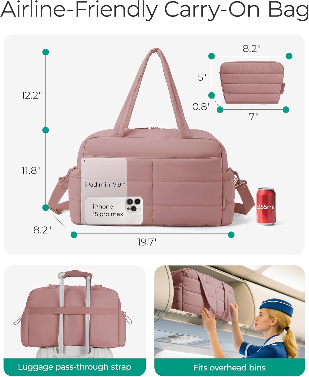 BAGSMART Gym Bag for Women with Toiletry Pouch, Lightweight Weekender Bags for Women with Wet Pocket, 31L Travel Duffle Carry On Bag, Weekender Overnight Bag for Travel,Water Resistant,Dark Pink