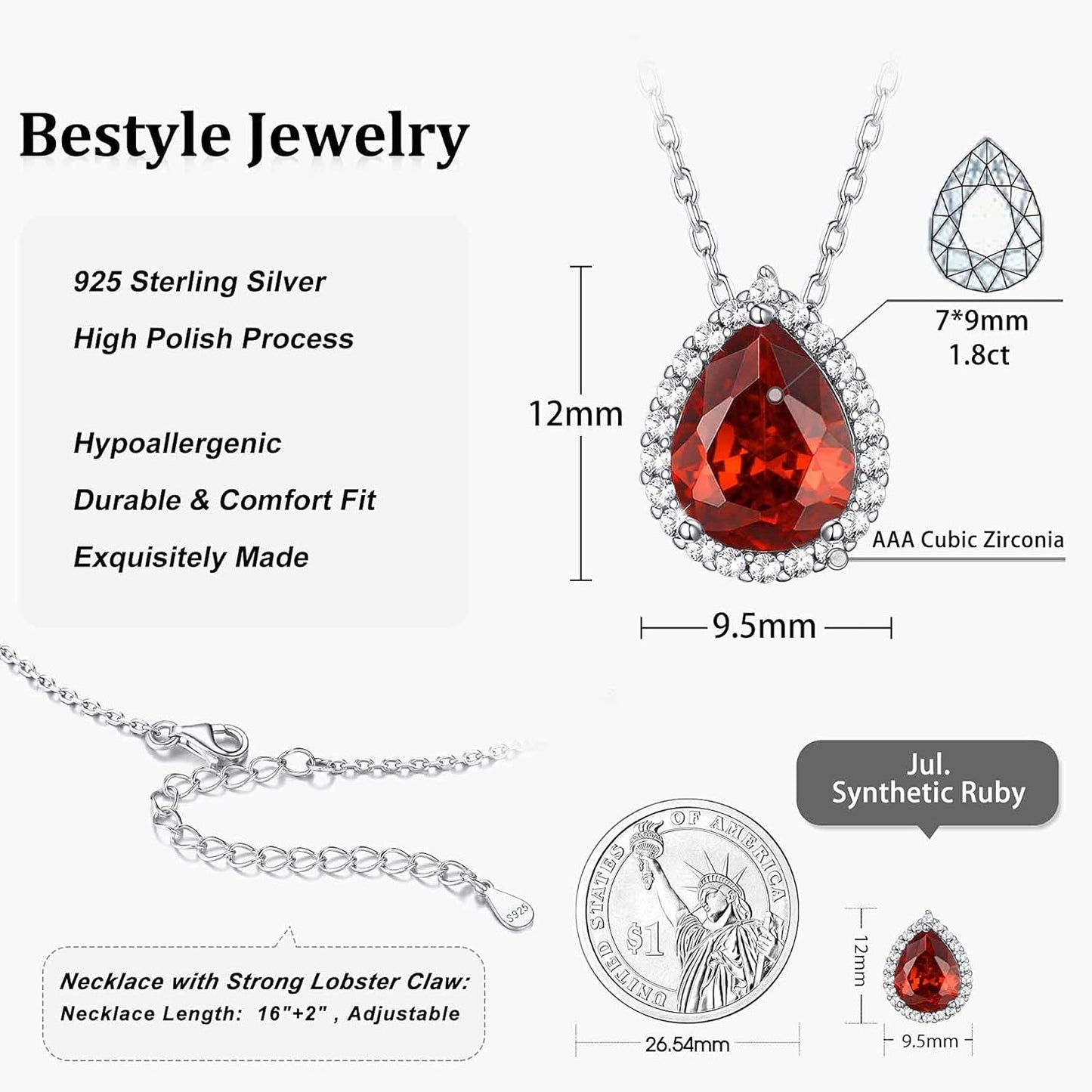 Bestyle Sparkling 925 Sterling Silver Birthstone Necklaces for Women, Created Heart/Round/Teardrop/Square Crystal Solitaire Pendant Diamond Necklace, Great Birthday/Anniversary/Wedding Gifts