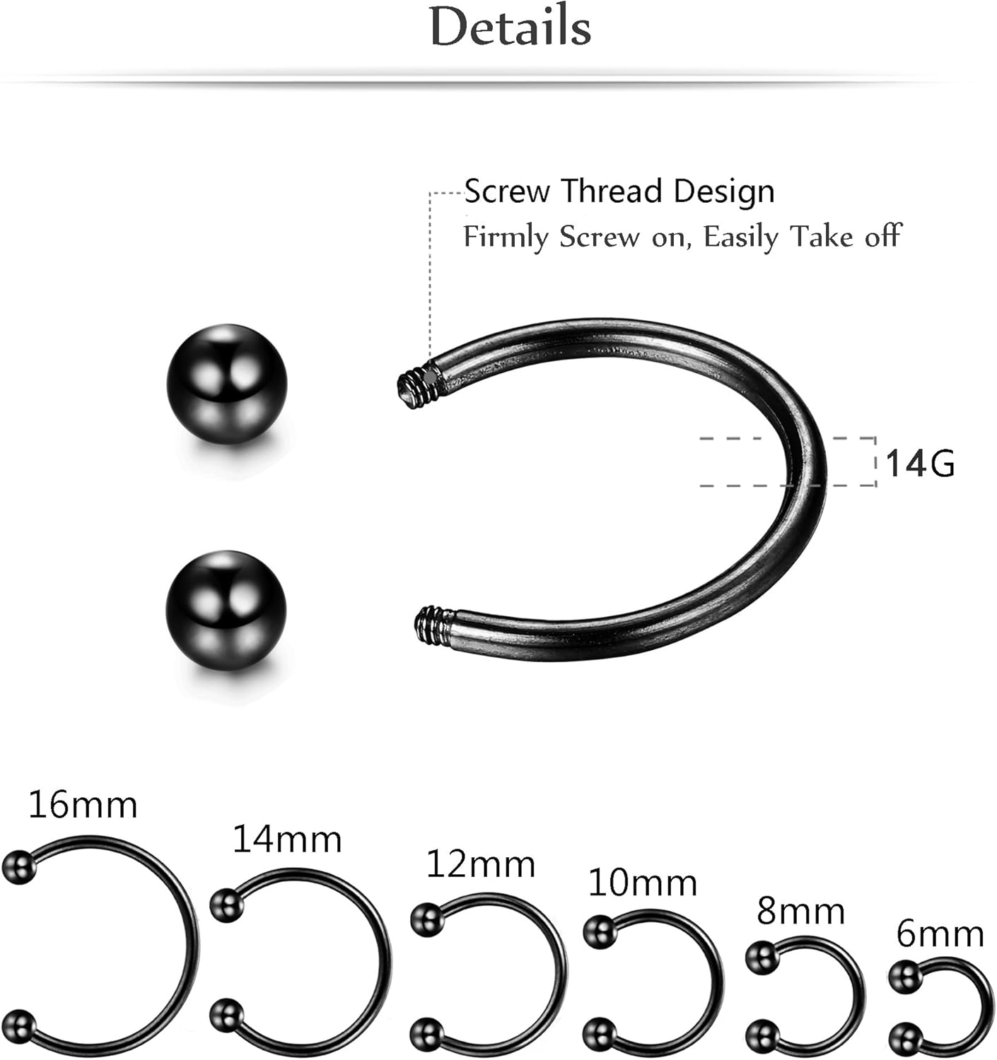 ORAZIO 12Pcs 14-16G Stainless Steel Nose Rings Septum Piercing Cartilage Horseshoe Earring Body Piercing 6MM-16MM