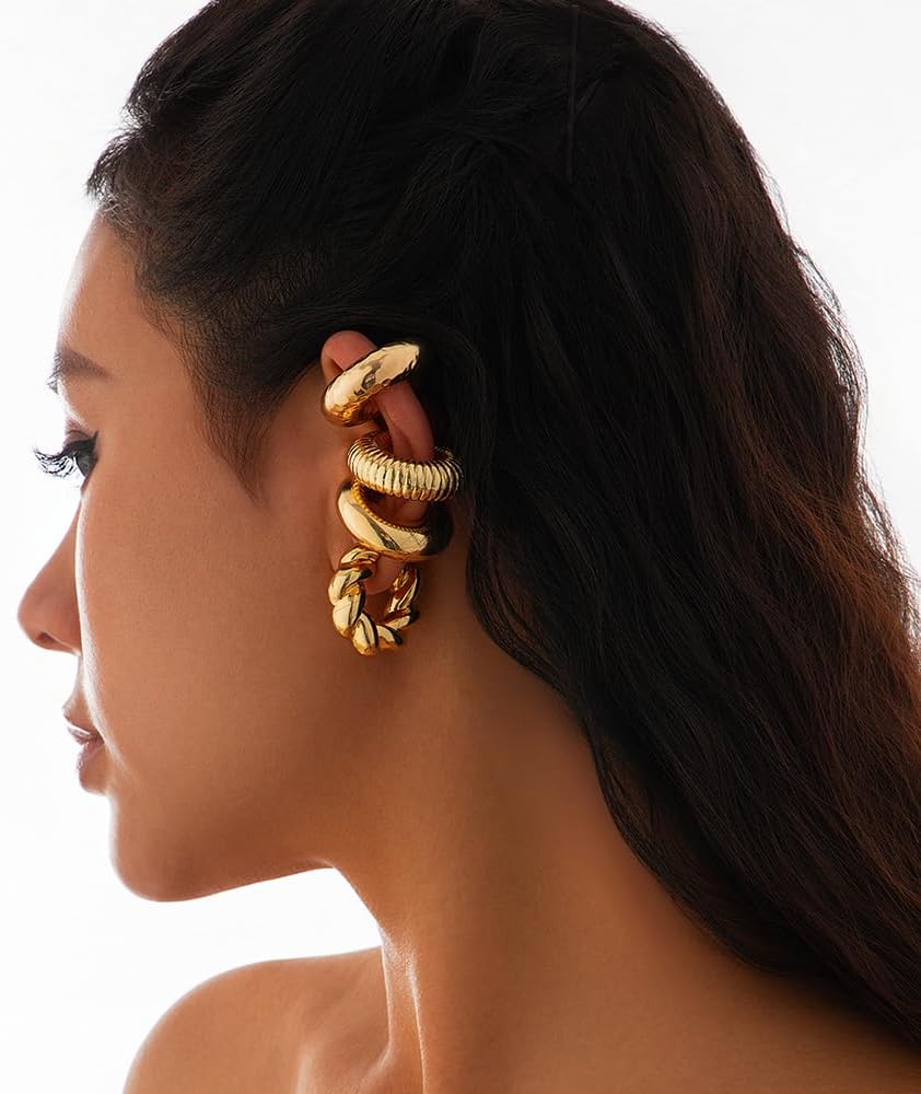 KISS WIFE 4 Pcs Chunky Ear Cuffs Non Piercing for Women, 14K Gold Plated Clip On Cartilage Hoop Earrings Jewelry Gifts