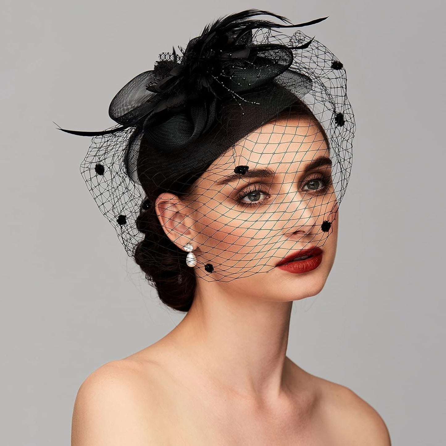 TS Fascinators Hat Tea Party Hat Mesh Floral Feather Hair Clip Women Fascinator Headband with Veil for Wedding Cocktail