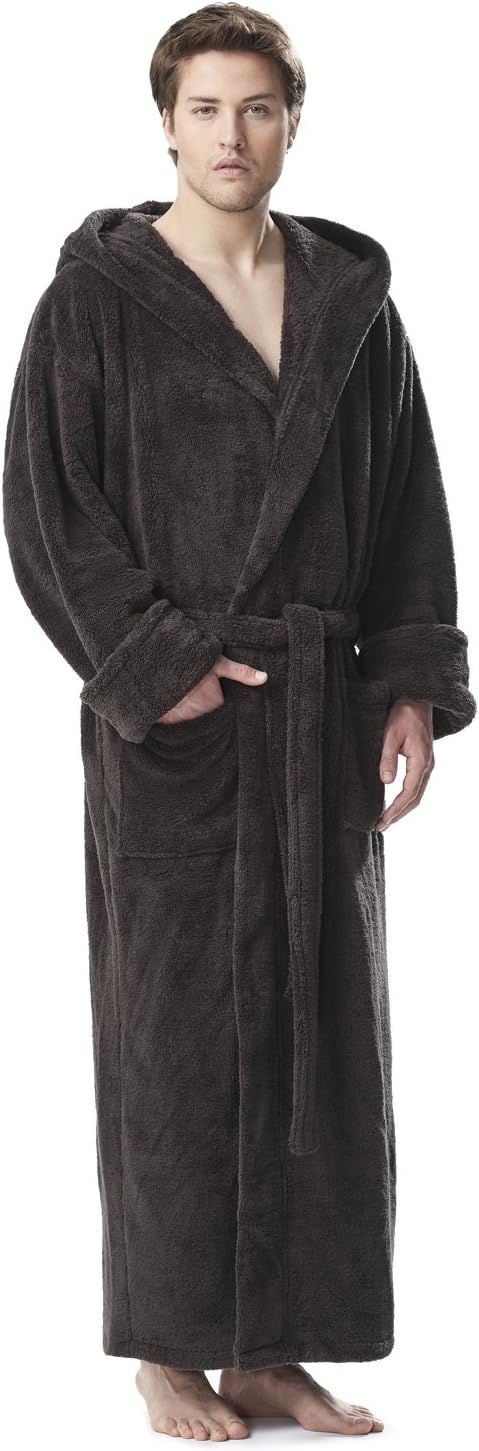 Arus Men's Fleece Robe, Long Hooded Turkish Bathrobe