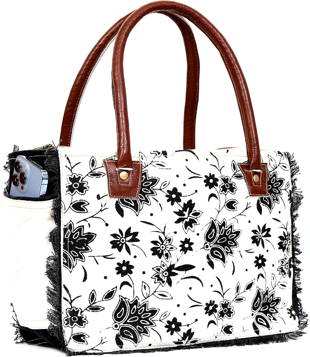 13 Inch Upcycled Canvas & Genuine Leather Hobo Tote Bag – Zipper Closure, Cotton Lining, Eco-Friendly Boho Shoulder Handbag