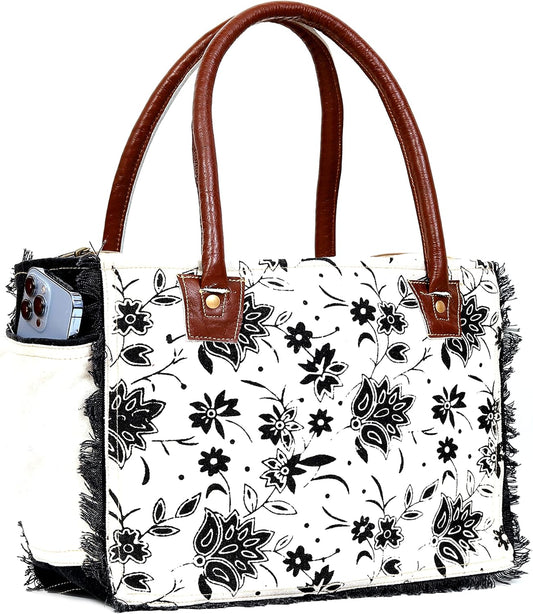 13 Inch Upcycled Canvas & Genuine Leather Hobo Tote Bag – Zipper Closure, Cotton Lining, Eco-Friendly Boho Shoulder Handbag