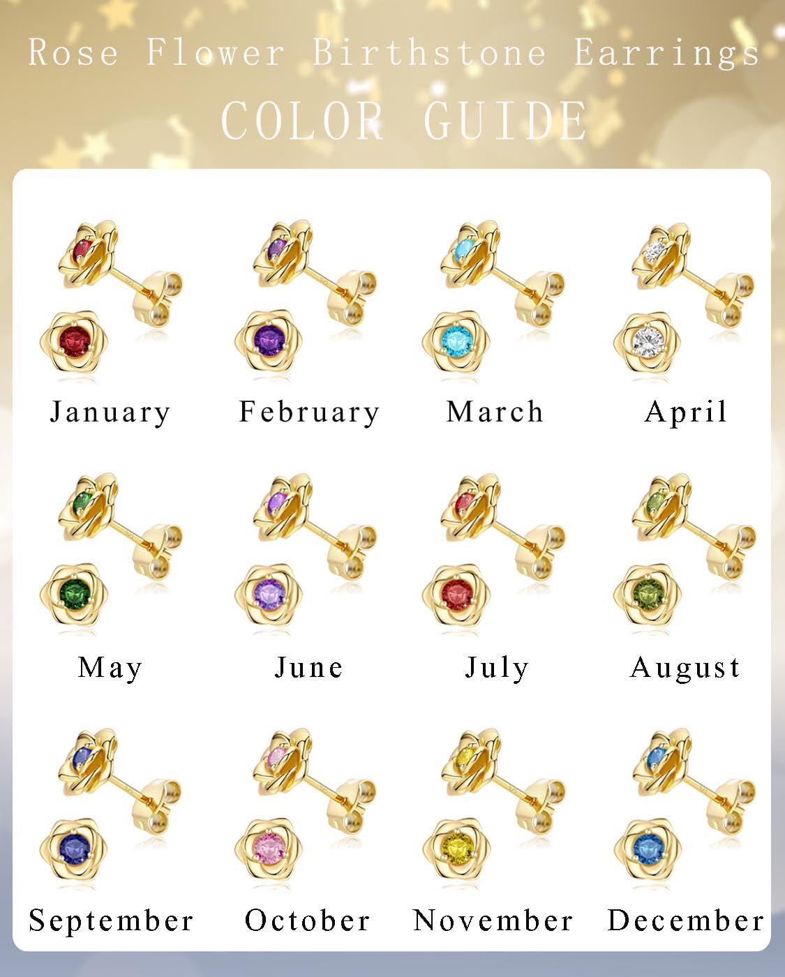 14K Gold Plated 925 Sterling Silver Post Rose Flower Stud Earrings for Women Birthstone Cubic Zirconia Studs Earrings Hypoallergenic & Nickel Free Jewelry