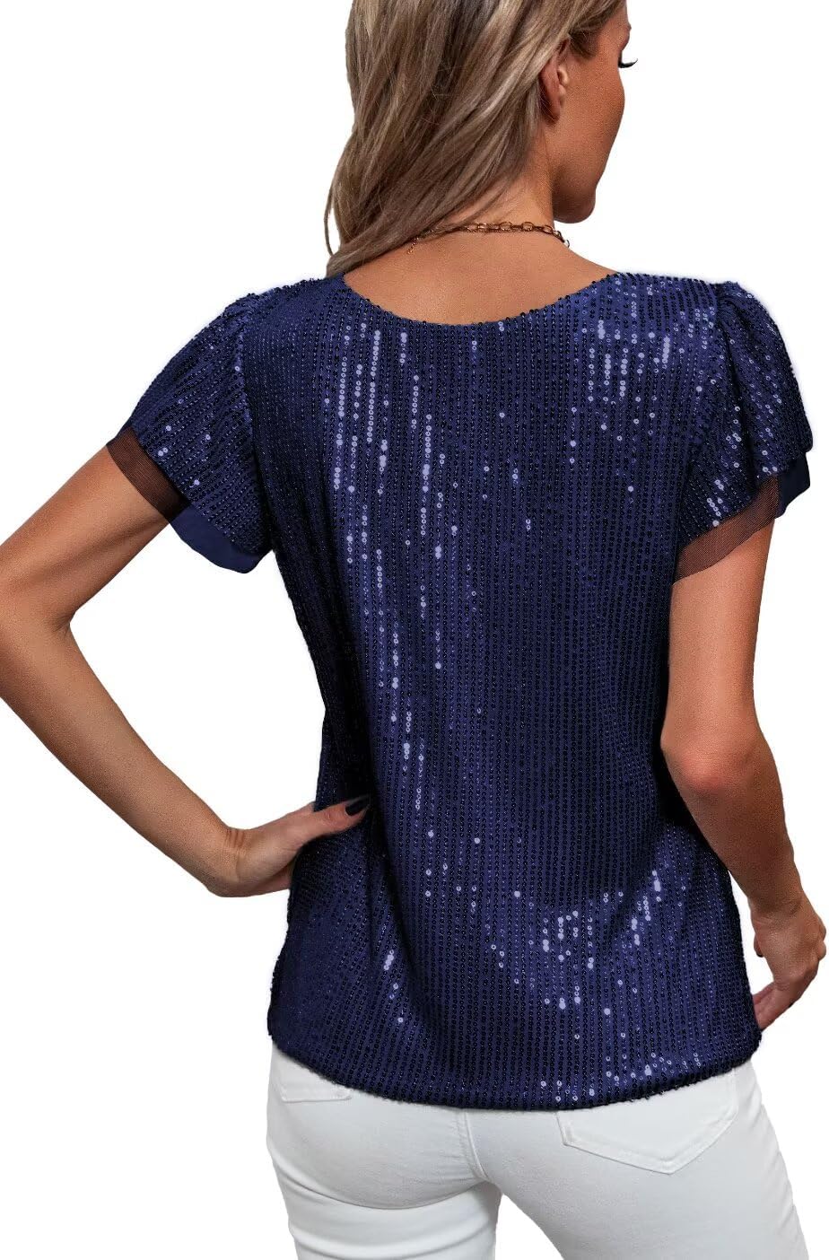 Traleubie Women's Sequin Tops Ruffle Sleeves Glitter Dressy Blouses Round Neck Sparkly Tops for Party, Evening, Cocktail