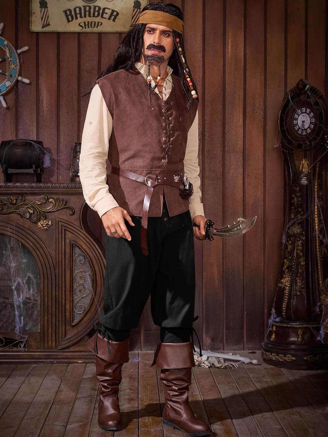 Runcati Mens Medieval Pirate Pants Renaissance Ankle Banded Viking Ren Faire Pants Lace Up Halloween Costume Trousers