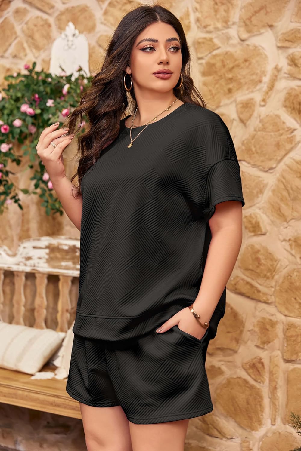 Imily Bela Womens Loungewear Set Short Sleeve Tops and Shorts 2 Piece Outfits Plus Size Oversized Pajama Set with Pockets