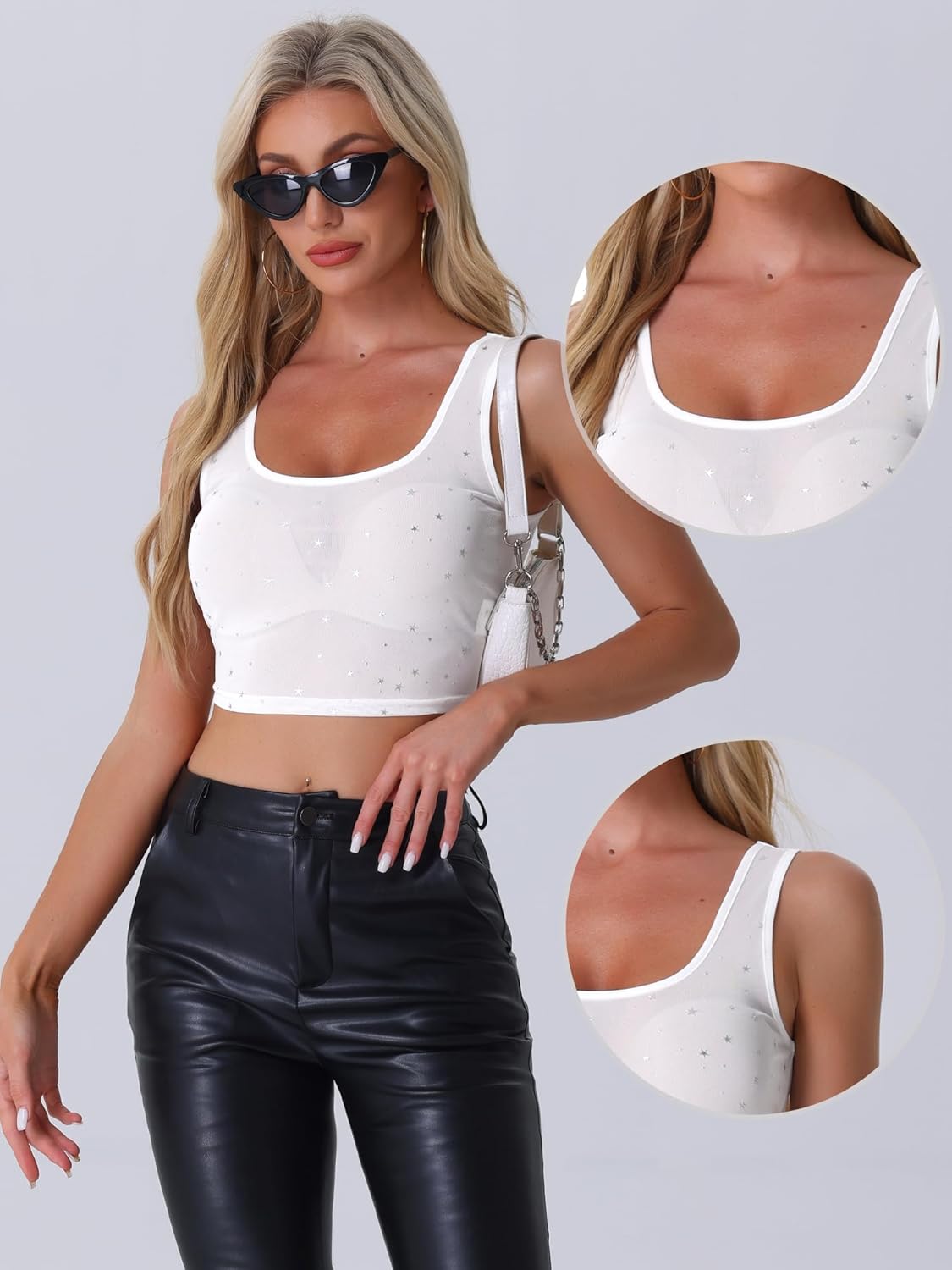 Allegra K Sheer Mesh Top for Women's Party Club Sleeveless Scoop Neck Glitter Star Crop Tops