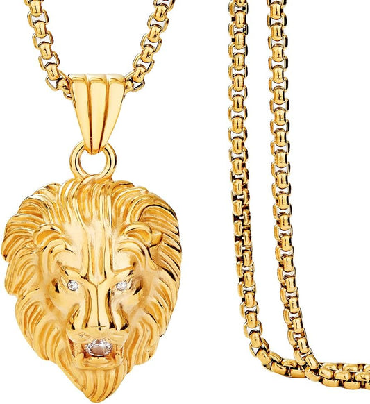 Jewelry Kingdom 1 Mens Necklace Lion Pendant Necklace, Bigger in Size, Silver Plated Stainless Steel, 3PCS Shiny CZ Diamonds, Comes with Rope Chain 24”and in a Gift Box