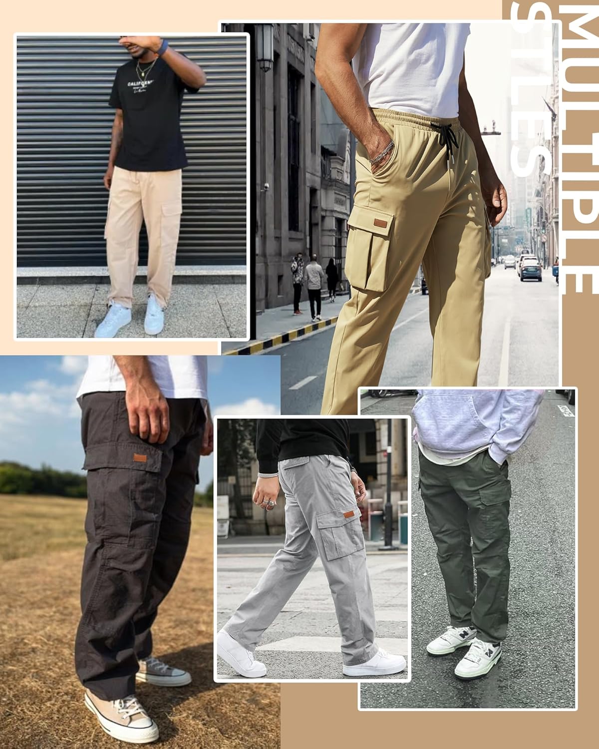 Mens Cargo Pants Drawstring Relaxed Fit Pants Stretch Elastic Waist Work Outdoor Casual Pants with Pockets