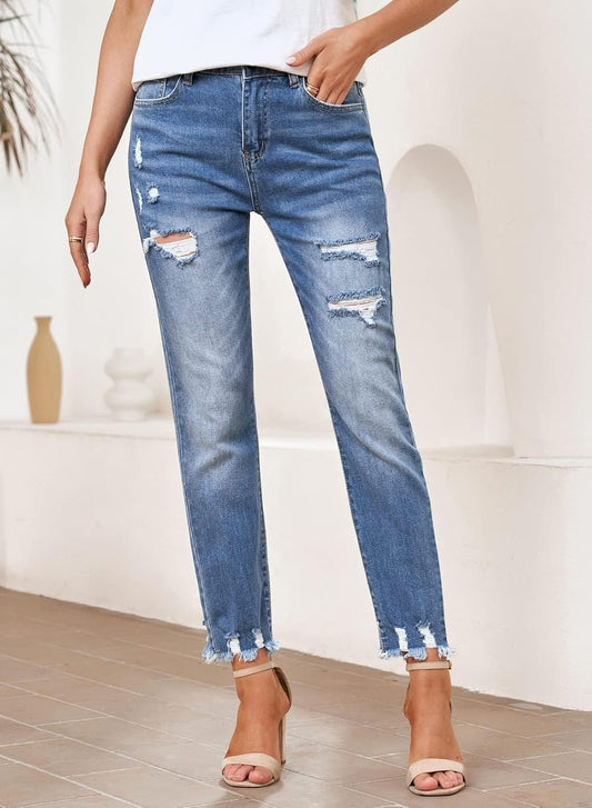 EVALESS Womens Jeans High Waisted Stretchy Ripped Distressed Tummy Control Straight Ankle Jean for Women Trendy 2025