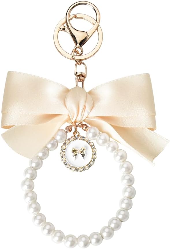 Pearl Bow Keychain Wistlet for Girls Women Bow Pearl Keychains Pink Black Beige