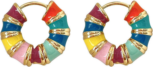 Gold Bamboo Hoop Earrings for Women 90s Boho Colorful Enamel Huggie Hoop Earrings Hypoallergenic Small Bamboo Hoops Jewelry Gifts Trendy Stuff