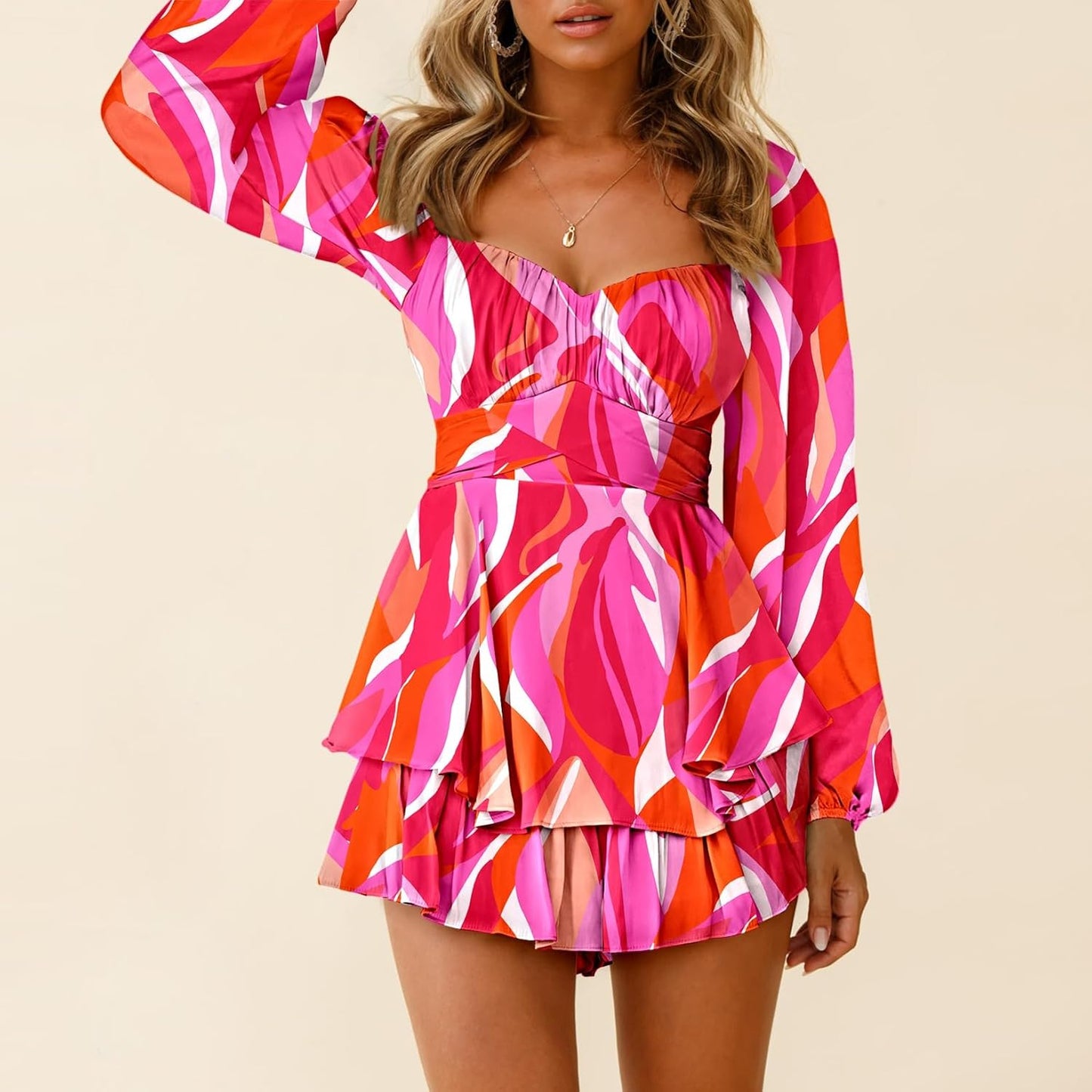 Fixmatti Women off Shoulder Rompers Lantern Long Sleeve Ruffle Tie Mini Shorts Jumpsuit