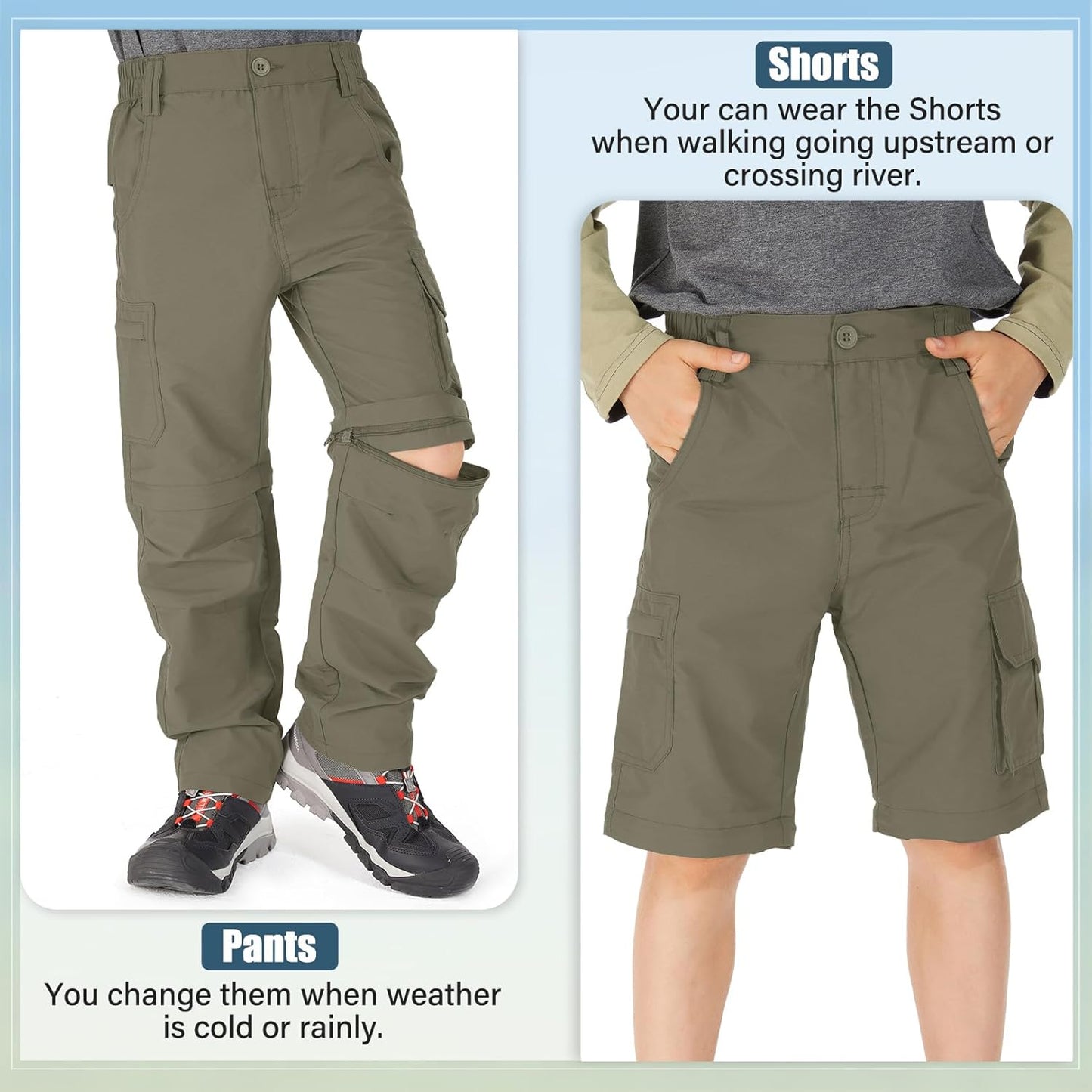 Kids' Cargo Pants, Boy's Casual Outdoor Quick Dry Waterproof Hiking Climbing Convertible Trousers #9016