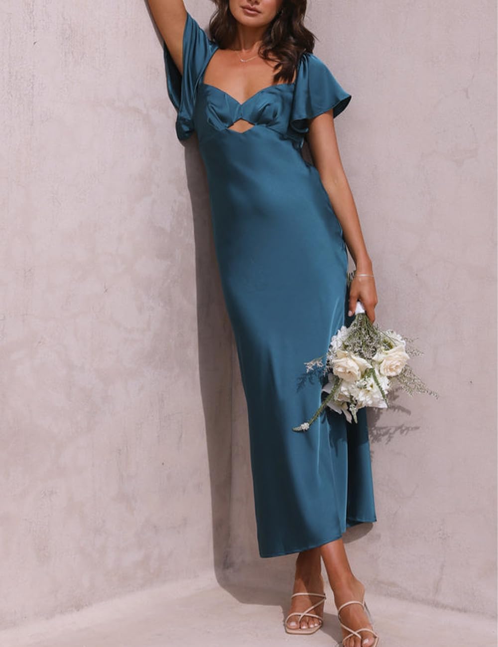 Summer Satin Flutter Sleeve Wedding Guest Dresses for Women Sweetheart Neckline Cutout Tie Back Midi Cocktail Dress