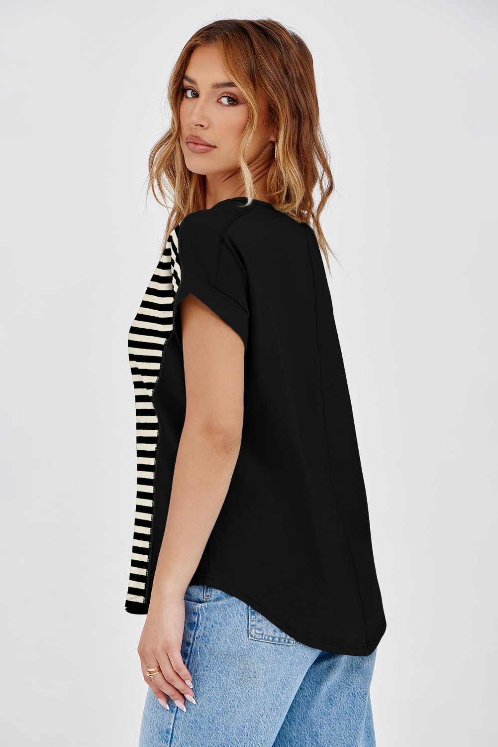 Dokotoo T Shirts for Women Striped Color Block Crewneck Short Sleeve Casual Workout Tops Loose High Low Blouses