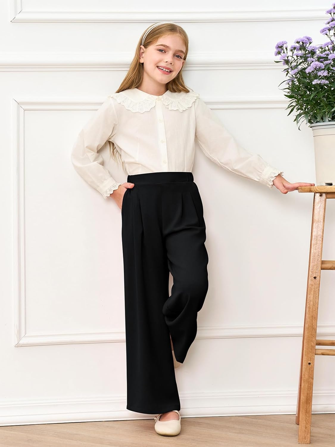 Haloumoning Girls High Waisted Uniform Pants Kids Wide Leg Dress Pants Casual Trousers with Pockets 5-14 Years