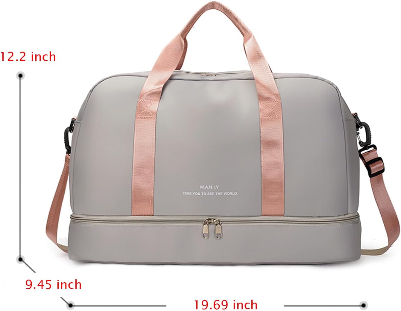 FOAN & MABLE Light Sports Travel Duffel Bag with Shoe Compartment, Large Capacity Gym Bag with Wet Pocket for lady (Grey)