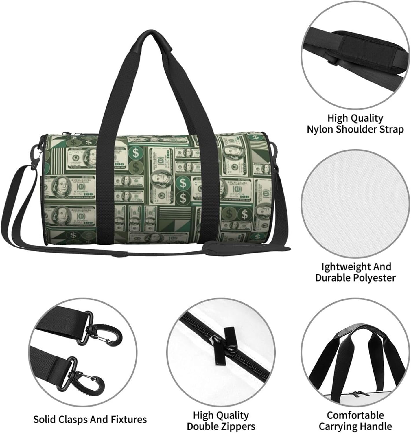 Money Sports Gym Bag Geometric Hundred Dollar Bills Travel Duffel Bag Shoes Compartment For Men Women Foldable Lightweight Yoga Gym Sports Bag