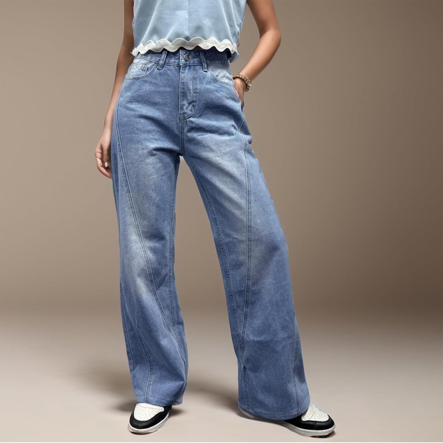 Vintage Mid Waist Jeans for Women Boyfriend Mom Wide Leg Jean Baggy Straight Leg Relaxed Fit Long Denim Pants