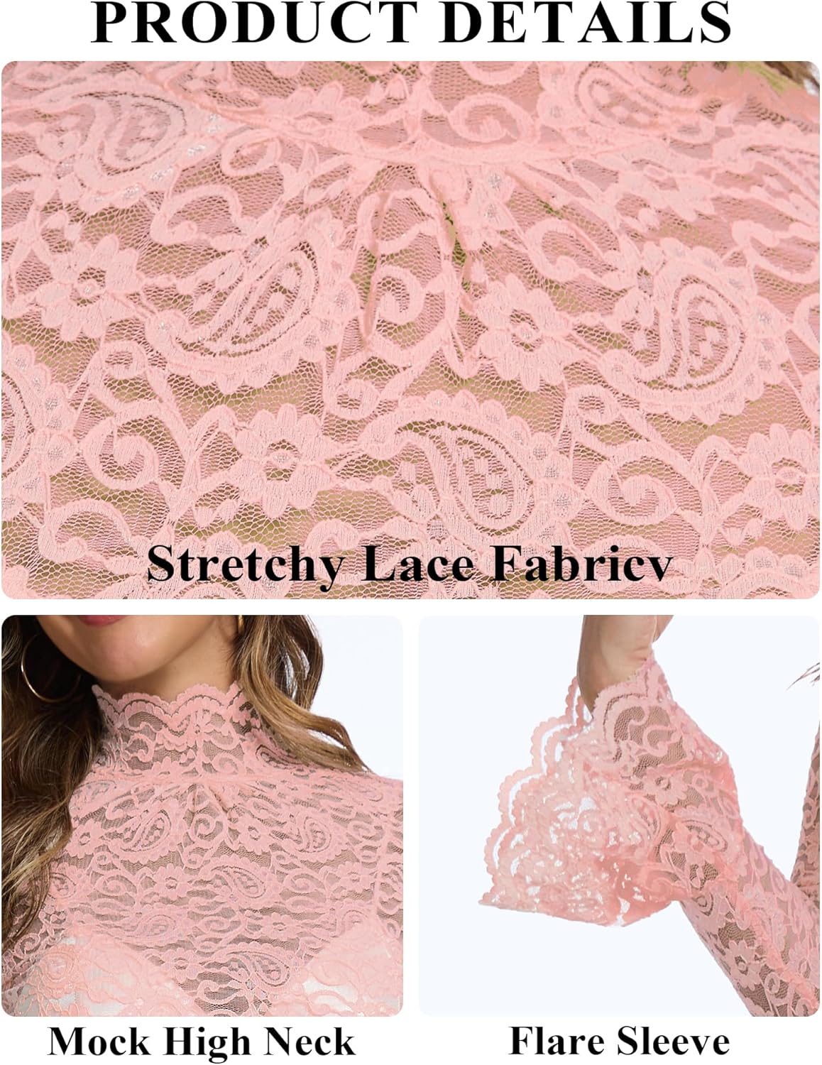 Women's Long Sleeve Lace Mesh Tops High Neck Sheer Blouse Sexy Floral Going Out Top
