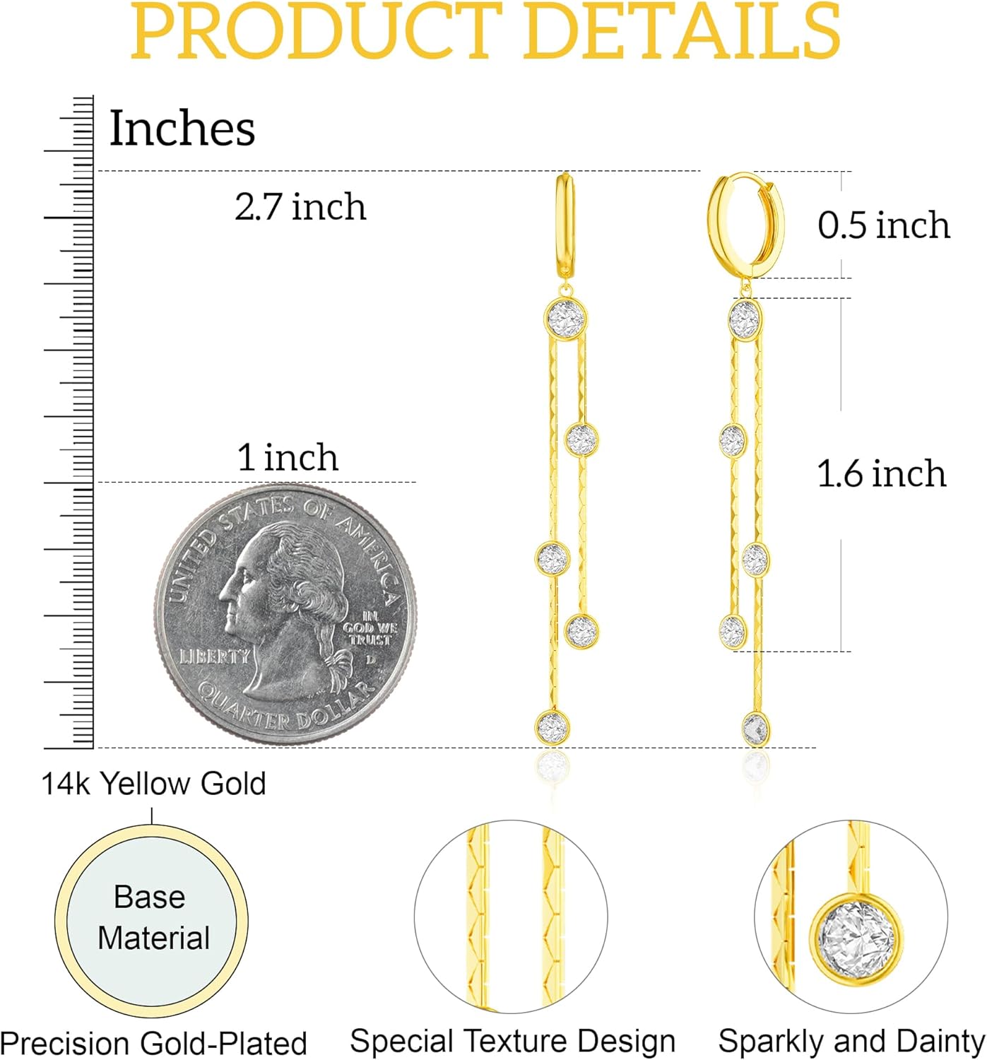 Gold Dangle Earrings for Women: Hypoallergenic Long Drop Dangling Earrings, Dainty 14K Gold Plated Hoop Earrings, Trendy Fashion Jewelry for Prom