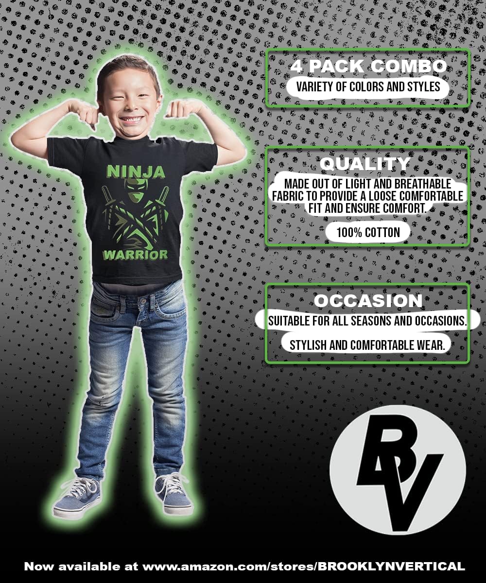 BROOKLYN VERTICAL 4-Pack Boys Ninja Short Sleeve Crew Neck T-Shirt with Chest Print | Soft Cotton Sizes 6-20
