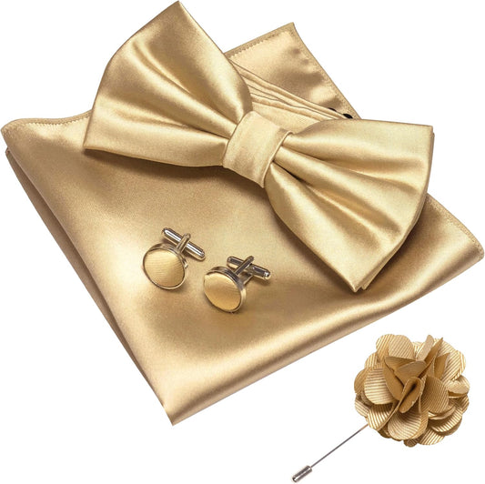 Solid Color mens Pre-tied Bow Tie and Pocket Square Cufflinks Sets with Gift Box