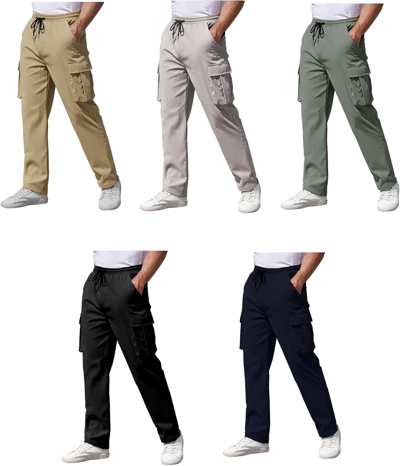 Mens Cargo Pants Drawstring Relaxed Fit Pants Stretch Elastic Waist Work Outdoor Casual Pants with Pockets