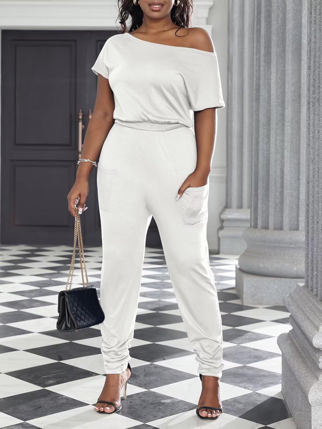 acelyn Casual One Piece Loose Jumpsuit for Women Summer Plus Size Overalls Off Shoulder Pockets Romper