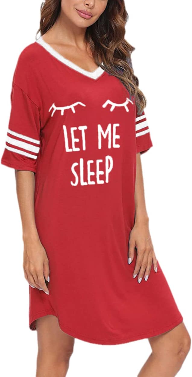 KAMONG Sleep Shirts for Women Short Sleeve Cotton Novelty Night Shirts V Neck Oversized Nightgowns Cute Printed Nightdress