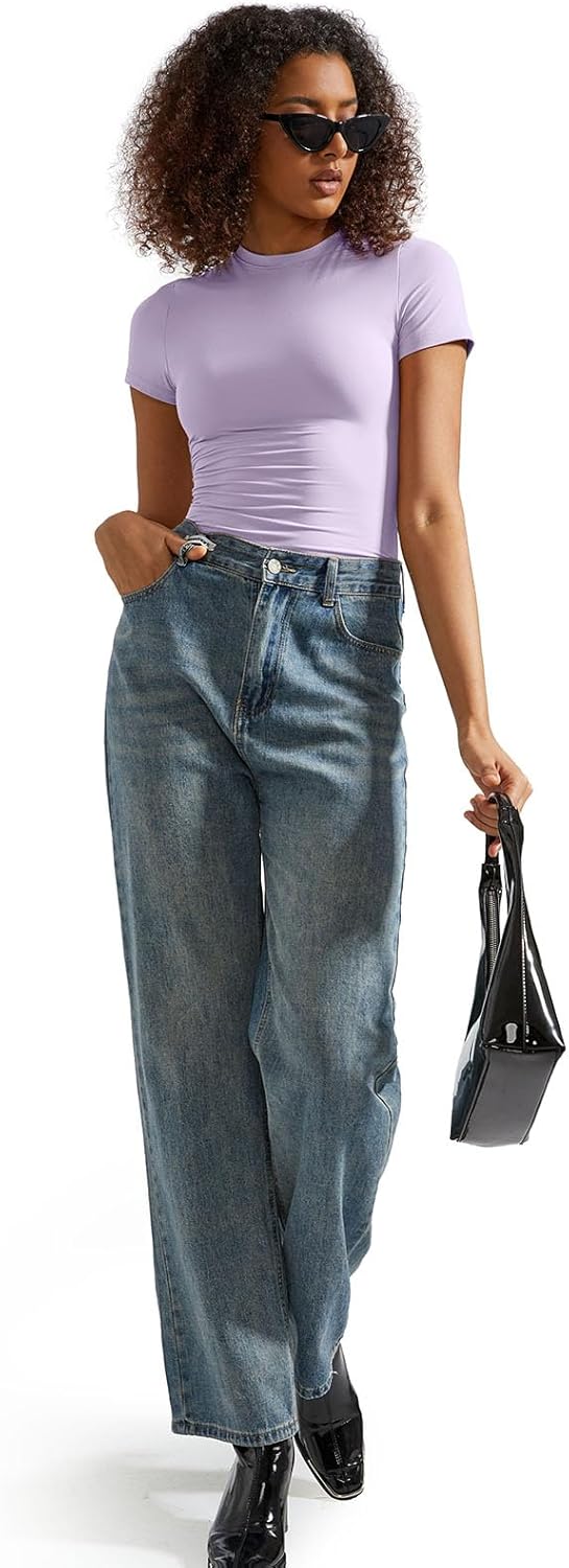 SUUKSESS Women Double Lined Fitted Basic Tee Crew Neck Short Sleeve Y2K Crop Top