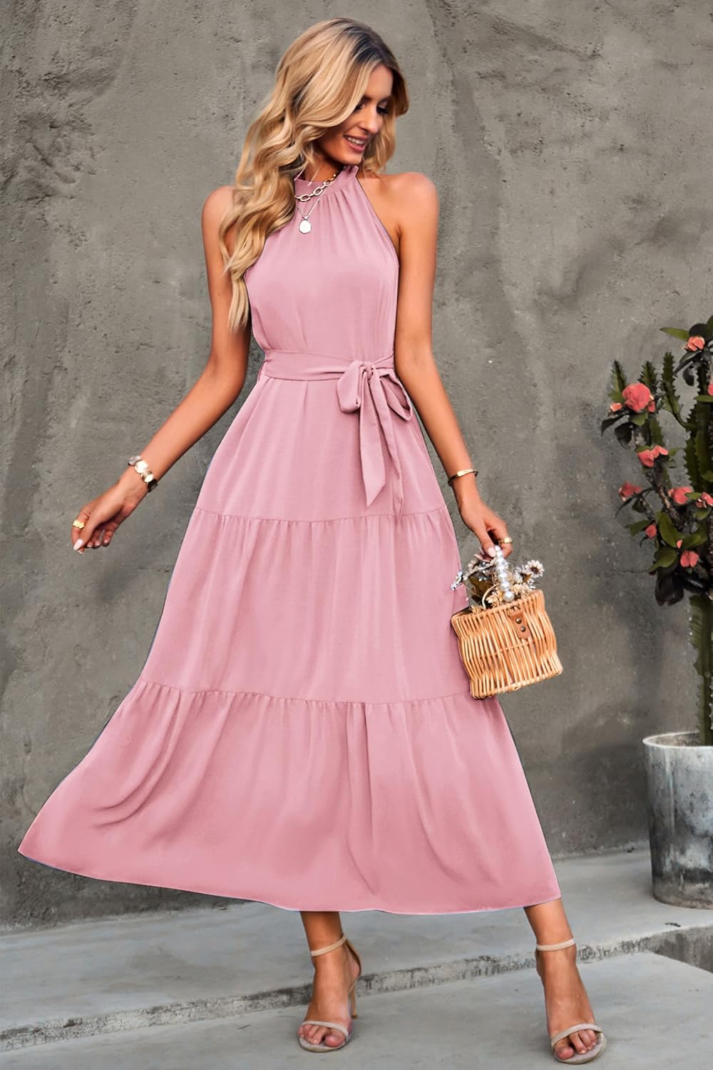 PRETTYGARDEN Women's Summer Floral Maxi Sun Dress Sleeveless Halter Neck Flowy Ruffle Hem Long Boho Dresses with Belt