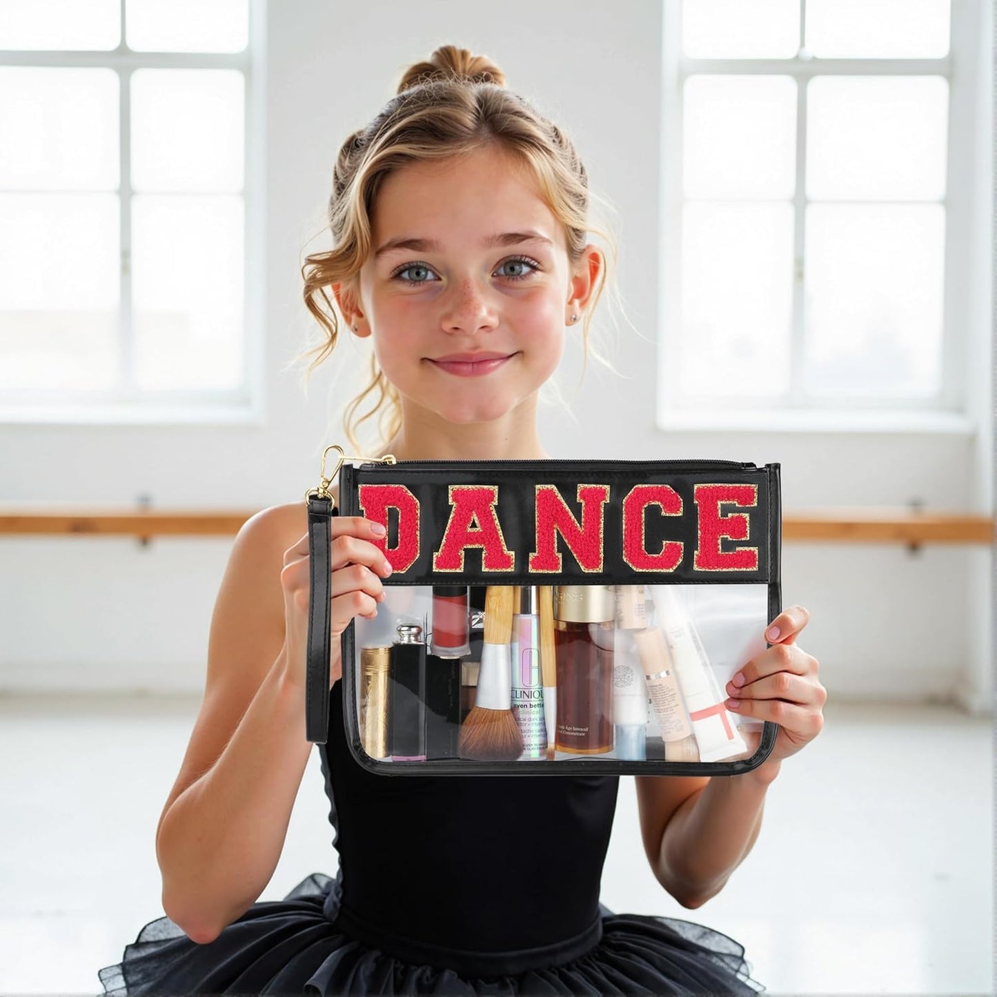 Dance Recital Gifts, Clear Makeup Letter Bag, Chenille Letter Patch Cosmetic Bag, Dance Competition Gift, Toiletry Pouches with Zipper, Waterproof Travel Purse for Girl Women Appreciation