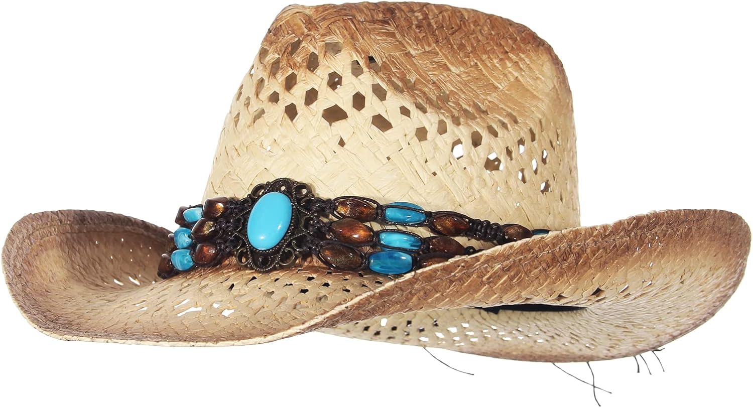 La Vogue Straw Cowboy Hat for Women Men Classic Roll up Brim Fedora Cowgirl Hat with Turquoise Belt