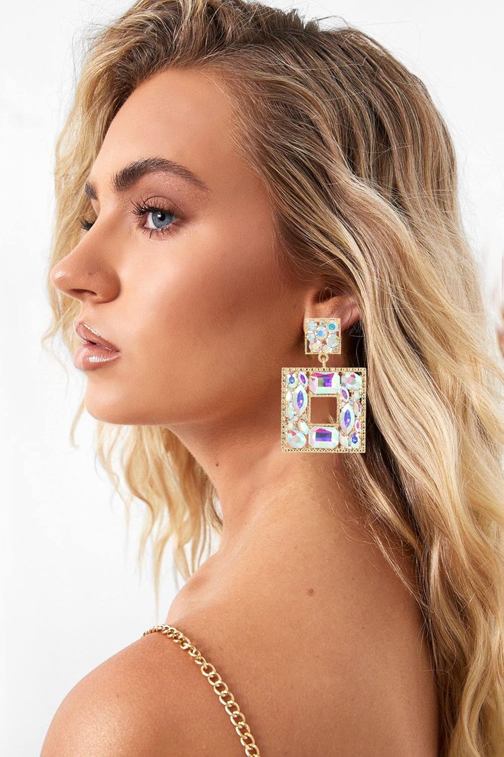 Rhinestone Square Statement Dangle Earrings Trendy Crystal Geometric Drop Earrings Hypoallergenic Jewelry for Women Party