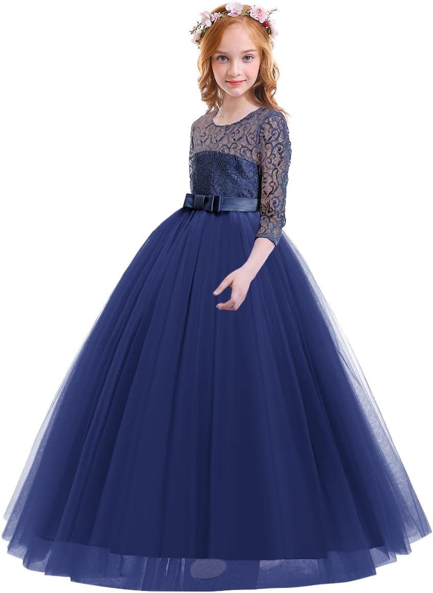 Girls Flower Vintage Floral Lace 3/4 Sleeves Floor Length Dress Wedding Party Evening Formal Pegeant Dance Gown