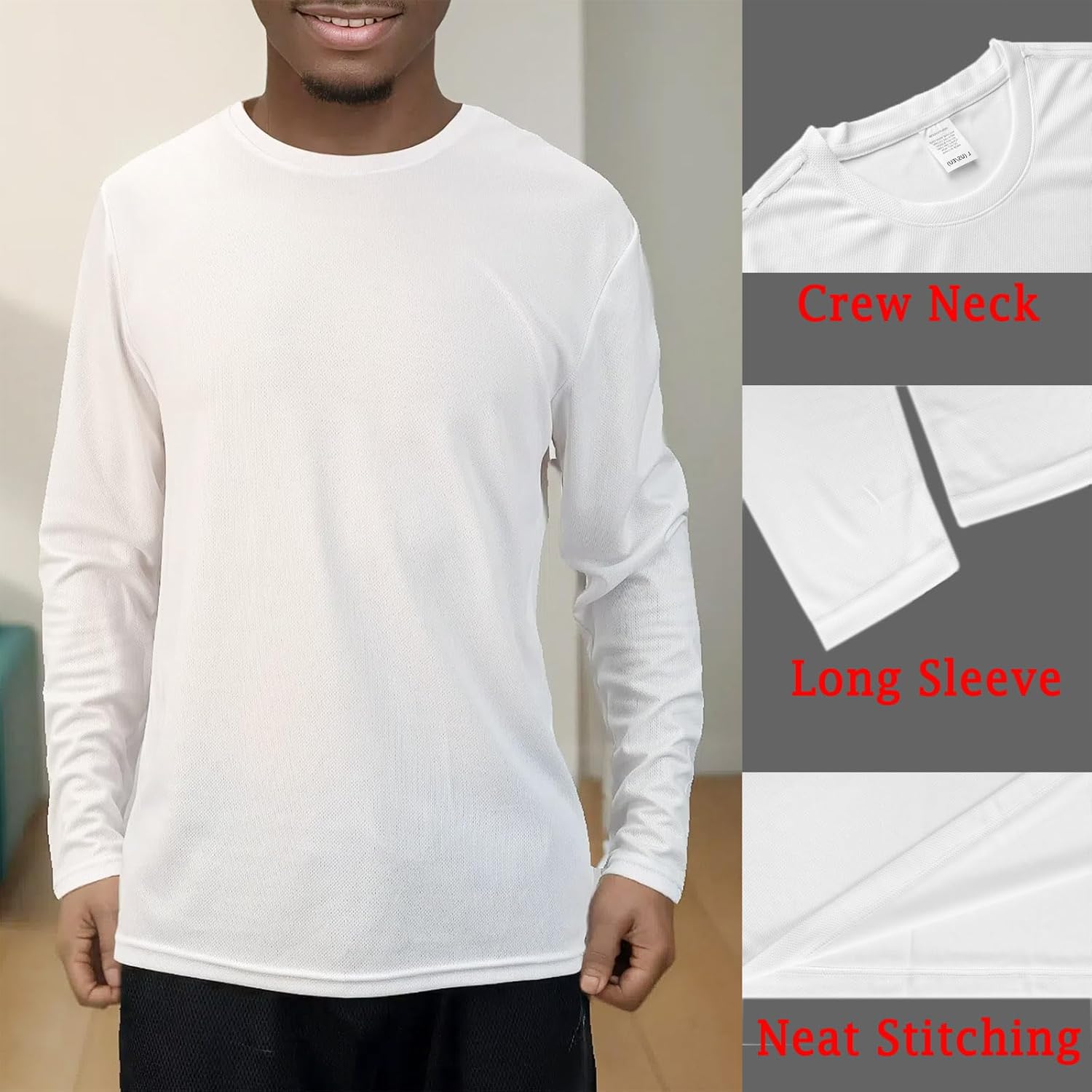 2 Pack Mens Long Sleeve Tee Shirts, Crewneck Quick Dry Breathable Athletic Activewear Running Polyester T-Shirt