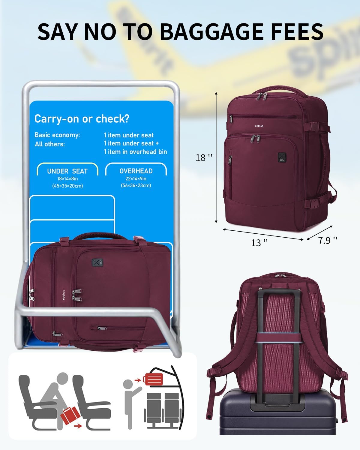 ECOHUB Travel Backpack for Women, 18x14x8 Spirit Airlines Personal Item Bag with Clear Toiletry Bag, Laptop Carry on Backpack with USB Port, Airline Approved Under Seat 14 Pockets 30L, Red