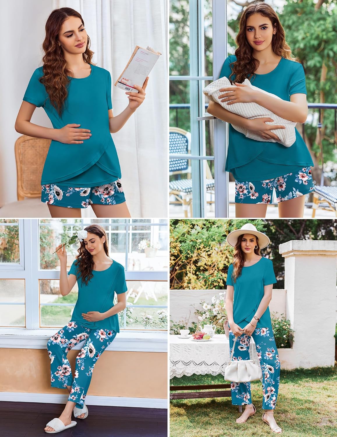 Ekouaer 3 PCS Maternity Nursing Pajamas Set Postpartum Breastfeeding Short Sleeve Shirts, Pregnancy Shorts & Pants Pjs S-XXL