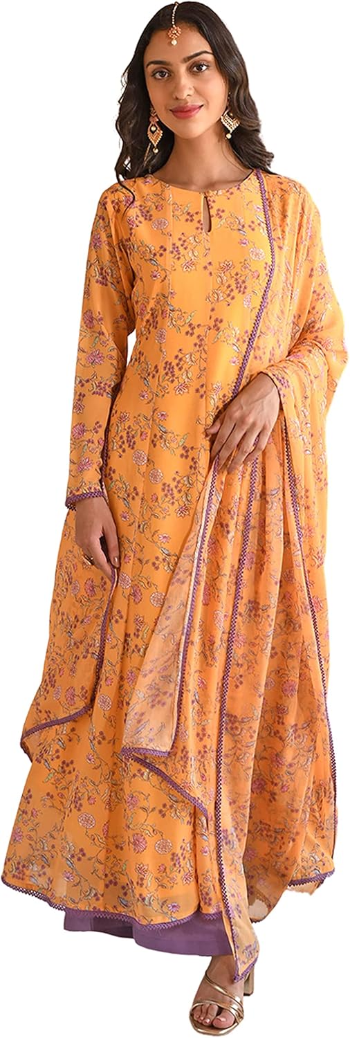 Janasya Indian Women's Yellow Flowy Printed Kurta Kurti Top Tunic Festive Evening wear Kurta Set with Dupatta for Women